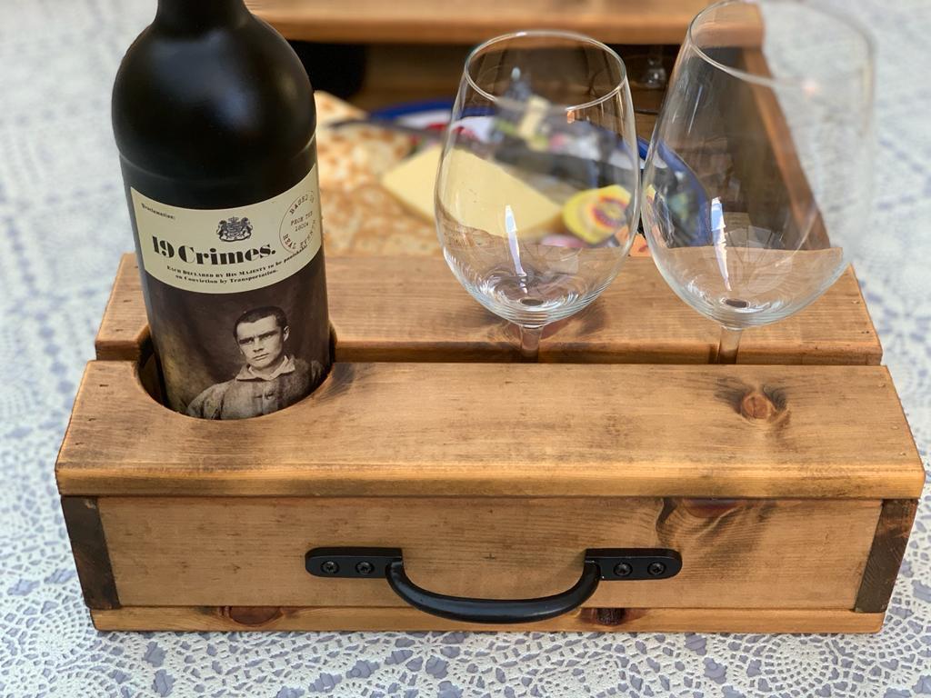 Wooden wine caddy tray | Rustic cheese board gift set | Handcrafted gift