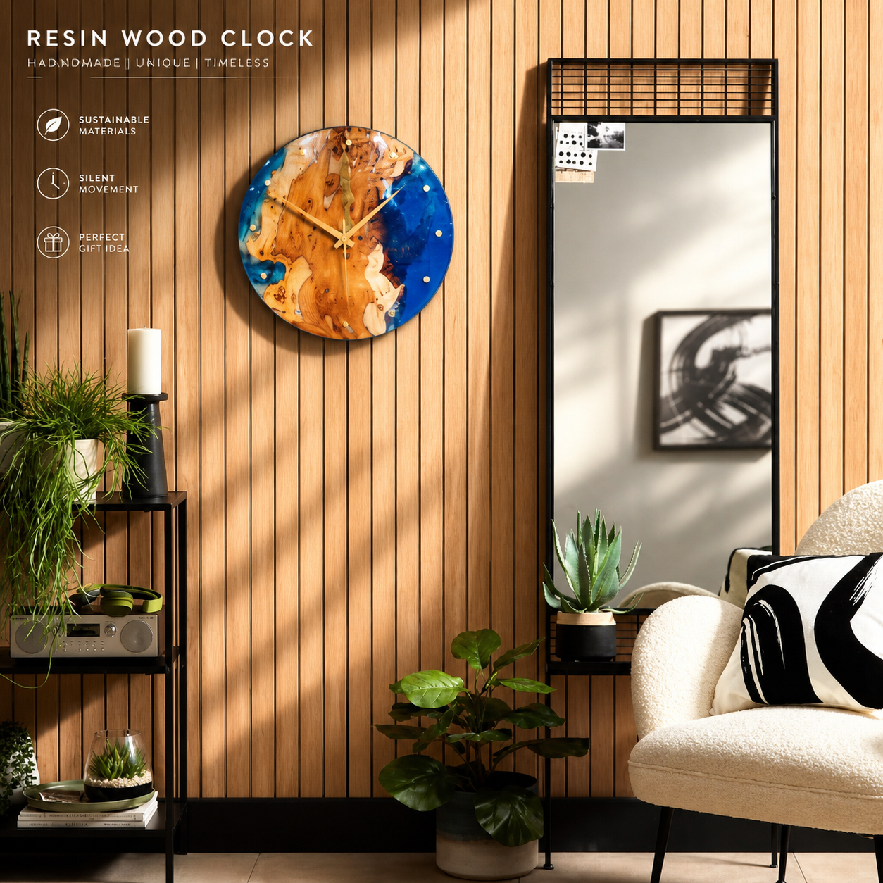 Beech & Resin Wall Clock with Brass inlay | Natural wood grain Home Decor
