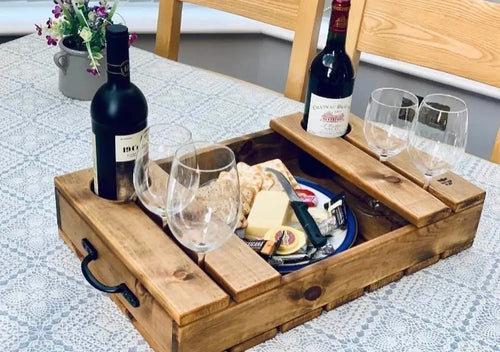Wooden wine caddy tray | Rustic cheese board gift set | Handcrafted gift