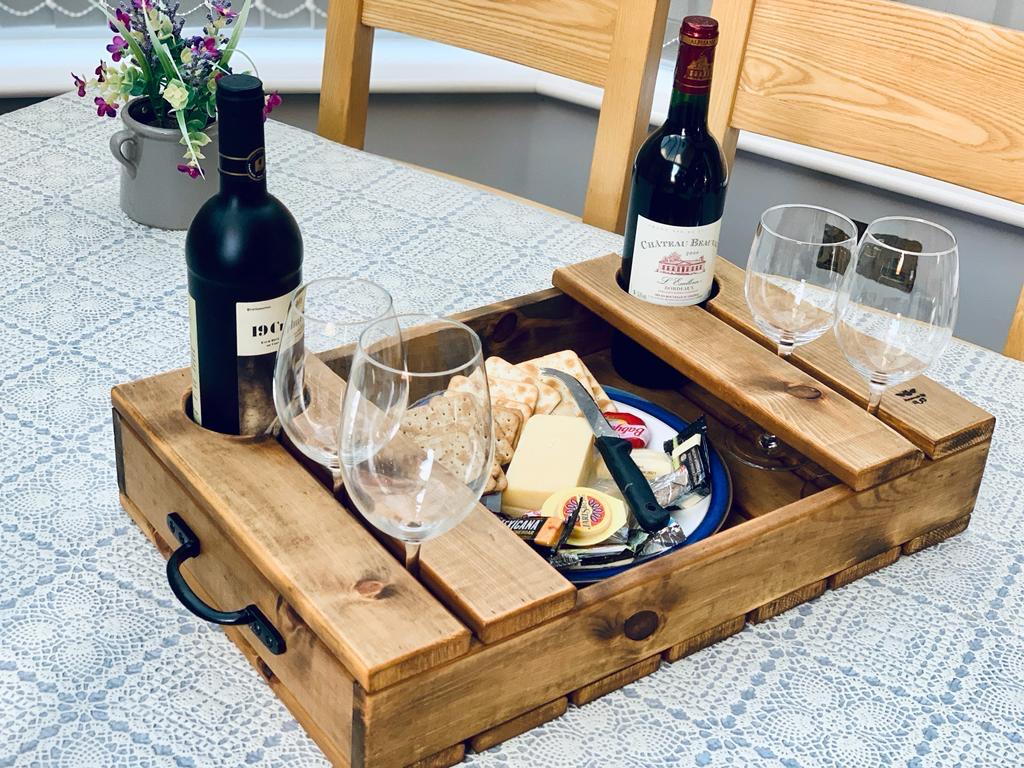 Wooden wine caddy tray | Rustic cheese board gift set | Handcrafted gift