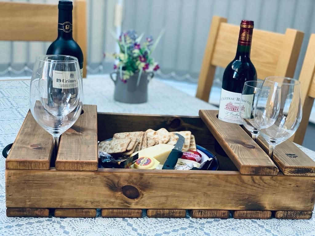 Wooden wine caddy tray | Rustic cheese board gift set | Handcrafted gift